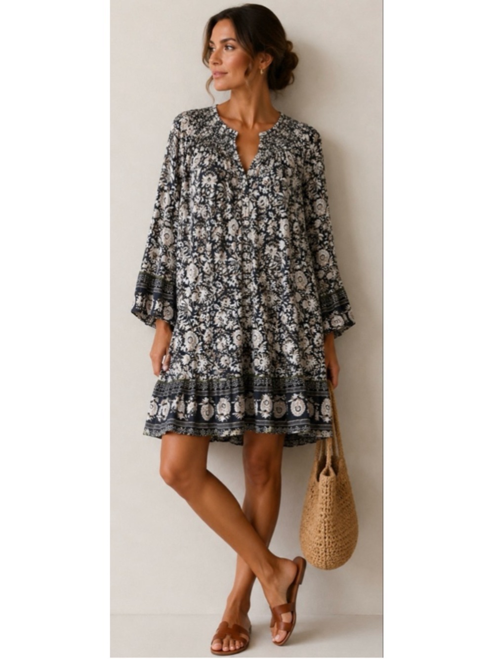 Women's Cleobella Mini Dress L Black Beige Floral Long Sleeve